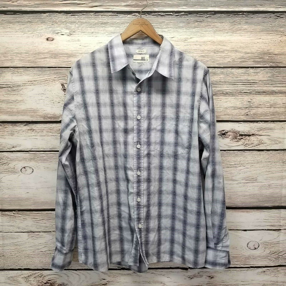 BKE Shirt Contour Fit Shirt Men L Blue Plaid Button Down